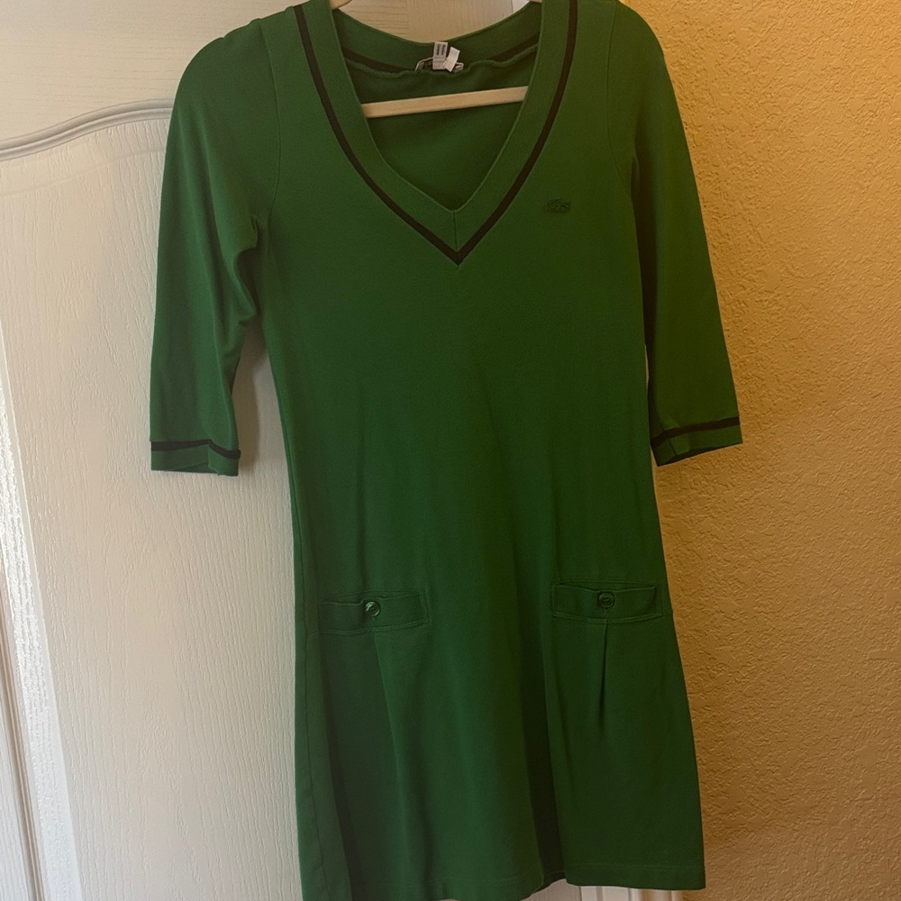 Lacoste Green V-Neck Mini Dress with Black Accents